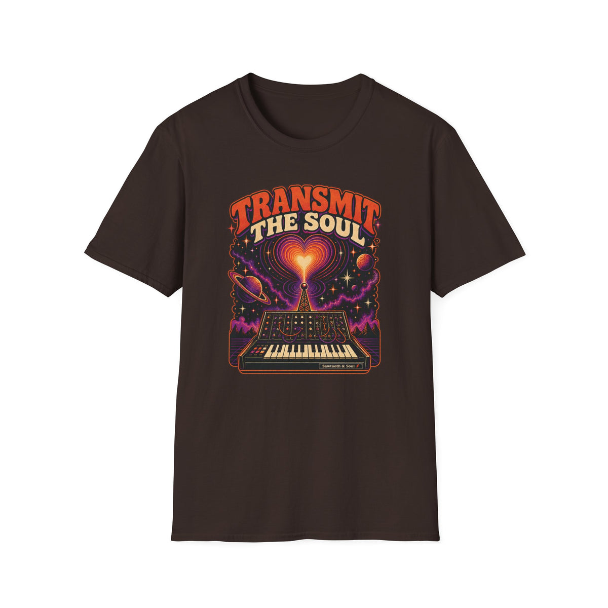Dark Chocolate Transmit the Soul T-shirt with vintage synthesizer, glowing heart signal, broadcast tower, planets, and stars