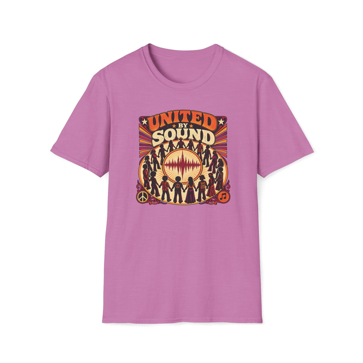 Heather radiant orchid United by Sound T-shirt with people holding hands around a waveform and peace symbol.