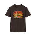 Dark brown Low Bass High Soul T-shirt with a bass headstock, waveform, and retro sunset.