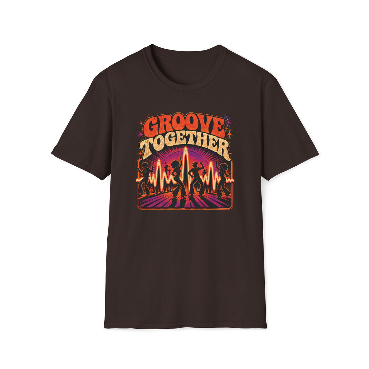 Dark brown Groove Together T-shirt with dancers, a glowing waveform, and a radiating dance floor.