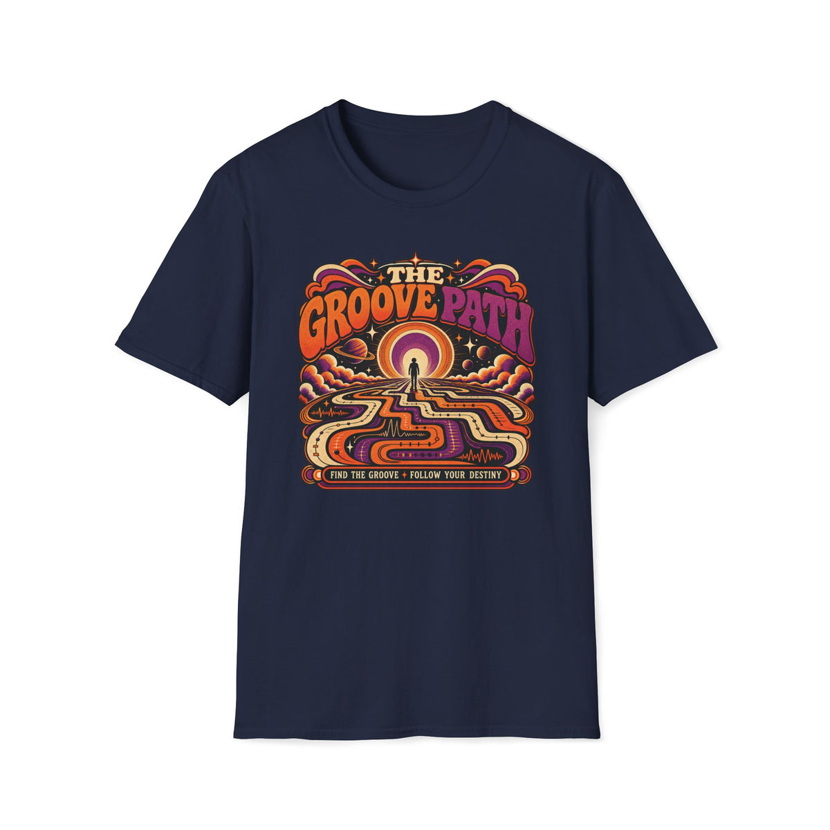 Navy The Groove Path T-shirt with a traveler on a winding waveform path toward a cosmic horizon.