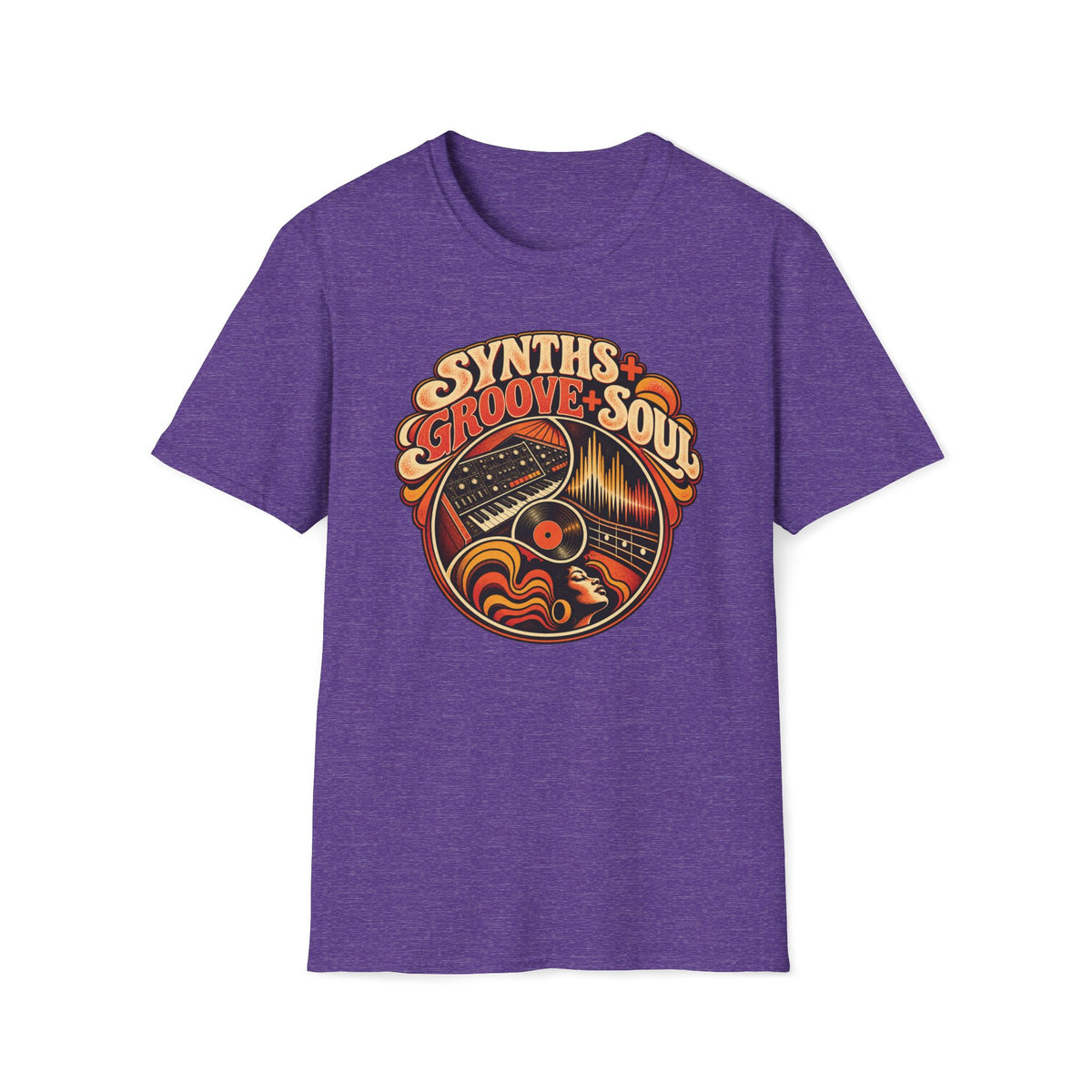 Heather purple Synths, Groove & Soul T-shirt with a synthesizer, vinyl record, and glowing waveform.