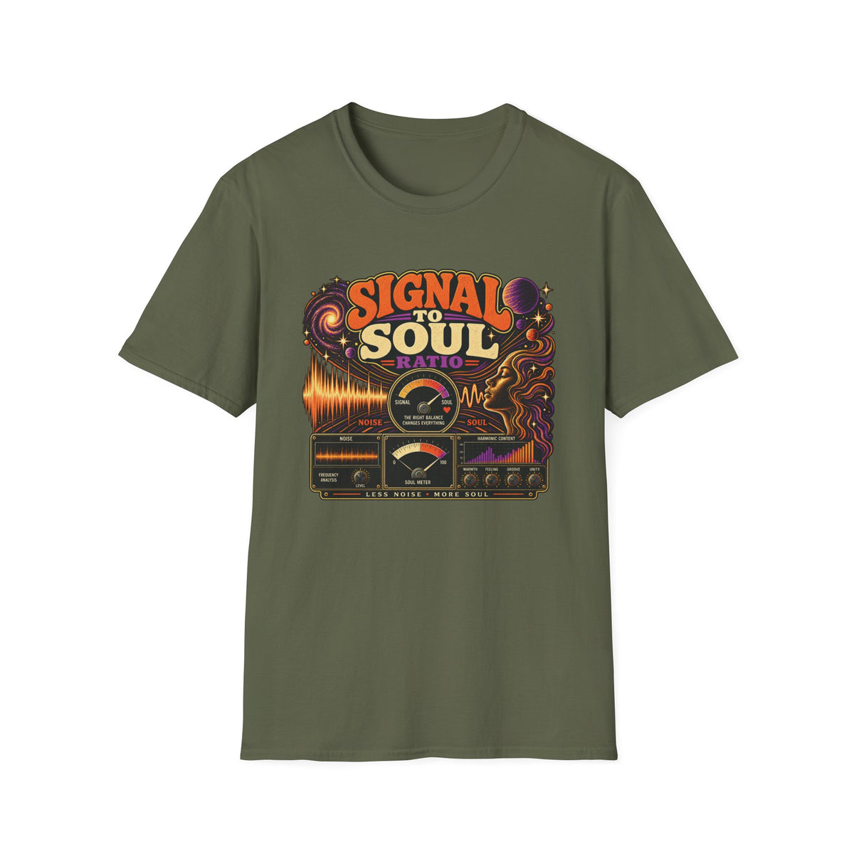 Military green Signal to Soul Ratio T-shirt with vintage meters, a cosmic portrait, and waveforms.