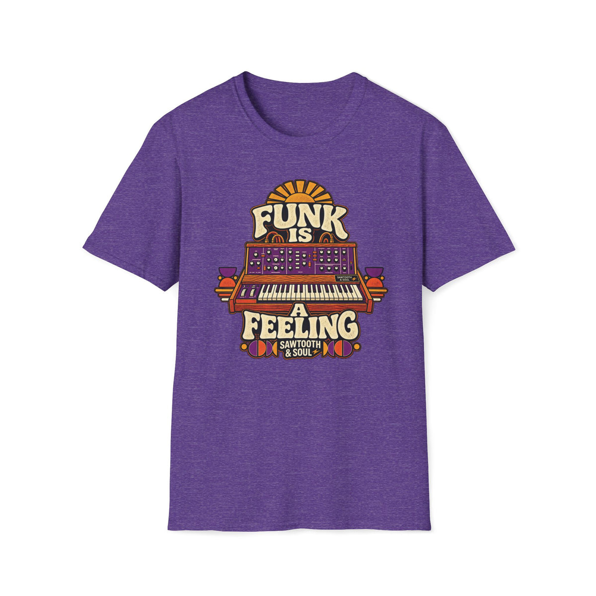 Heather purple Funk Is a Feeling T-shirt with a vintage synthesizer and warm geometric accents.