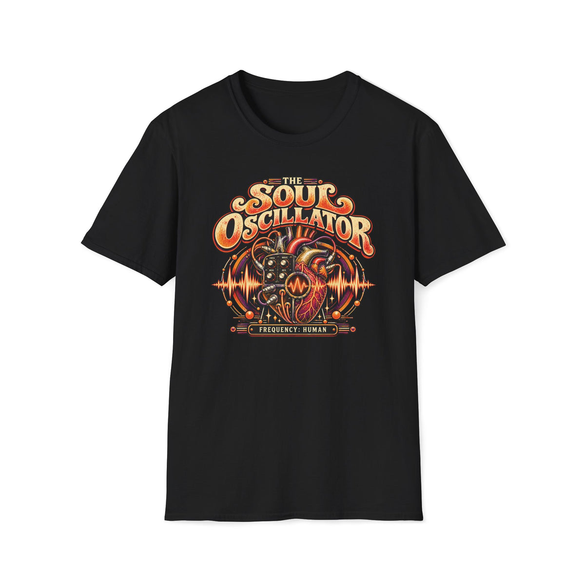 Black The Soul Oscillator T-shirt with a heart-shaped analog oscillator and control knobs.
