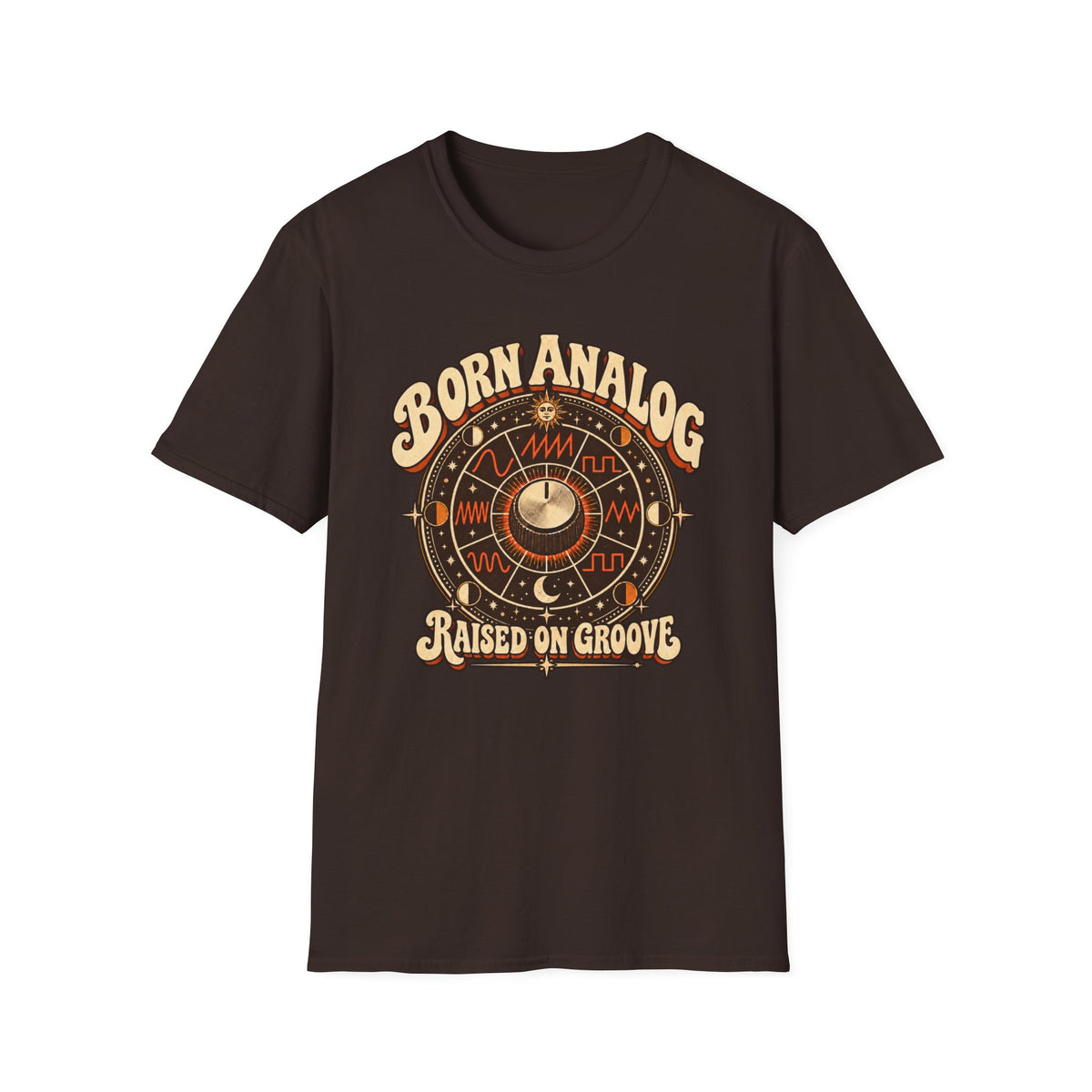 Dark brown Born Analog T-shirt with a control knob, waveforms, and cosmic symbols.