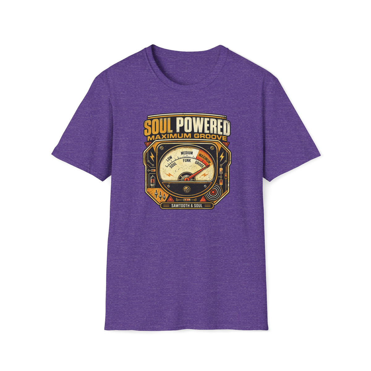Heather purple Maximum Groove T-shirt with a vintage meter pushed into the Maximum Groove zone.