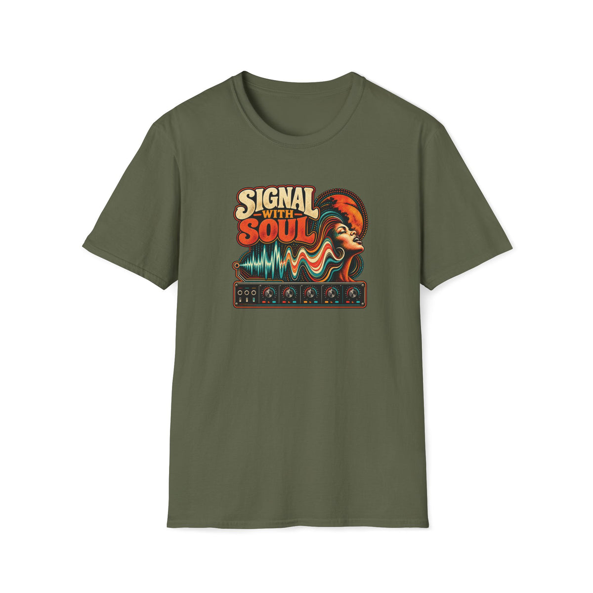 Military green Signal With Soul T-shirt with a portrait blended with teal waves and synth controls.