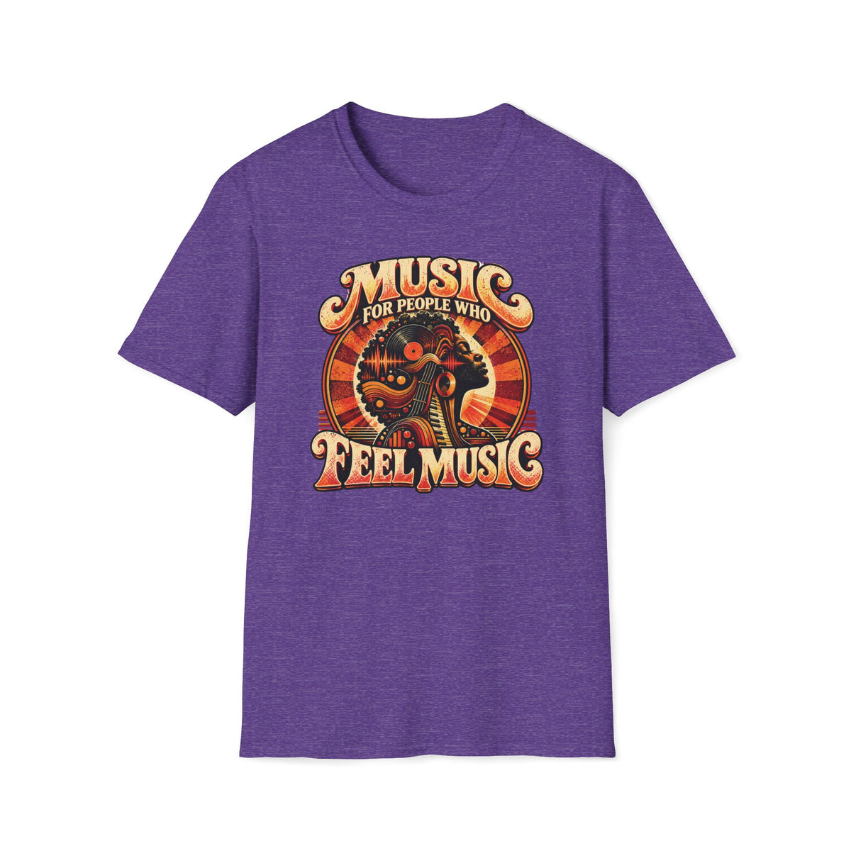 Heather purple Music for People Who Feel Music T-shirt with a listener framed by a sunburst and vinyl-inspired shapes.