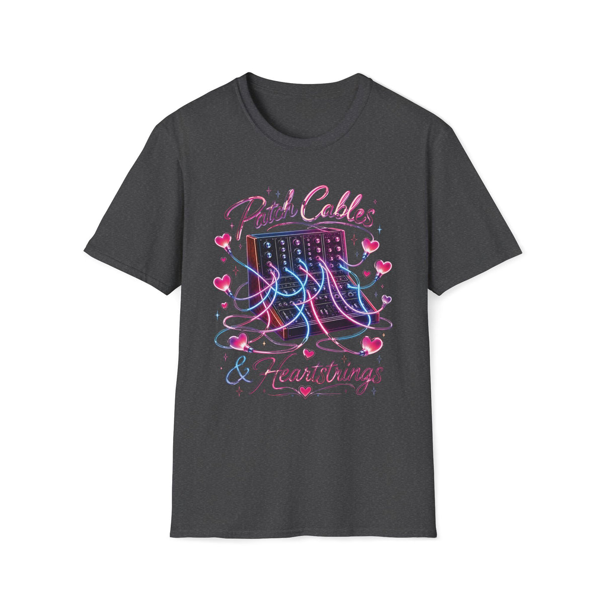Dark heather gray Neon Patch Cables & Heartstrings T-shirt with a synthesizer with pink and blue heart-shaped cables.