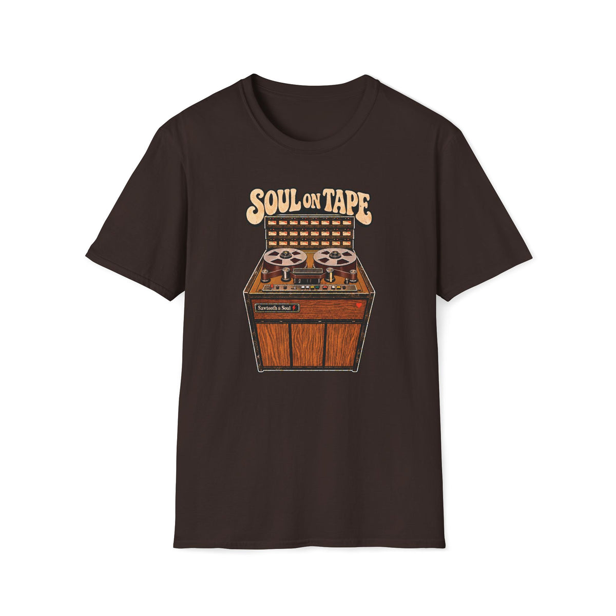 “Soul on Tape” T-shirt featuring a vintage multitrack tape machine with twin reels, a meter bank, woodgrain cabinet, and a small red heart.
