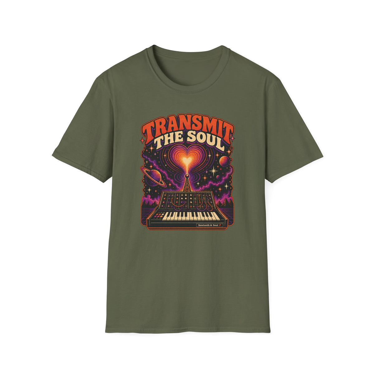 Military Green Transmit the Soul T-shirt with vintage synthesizer, glowing heart signal, broadcast tower, planets, and stars