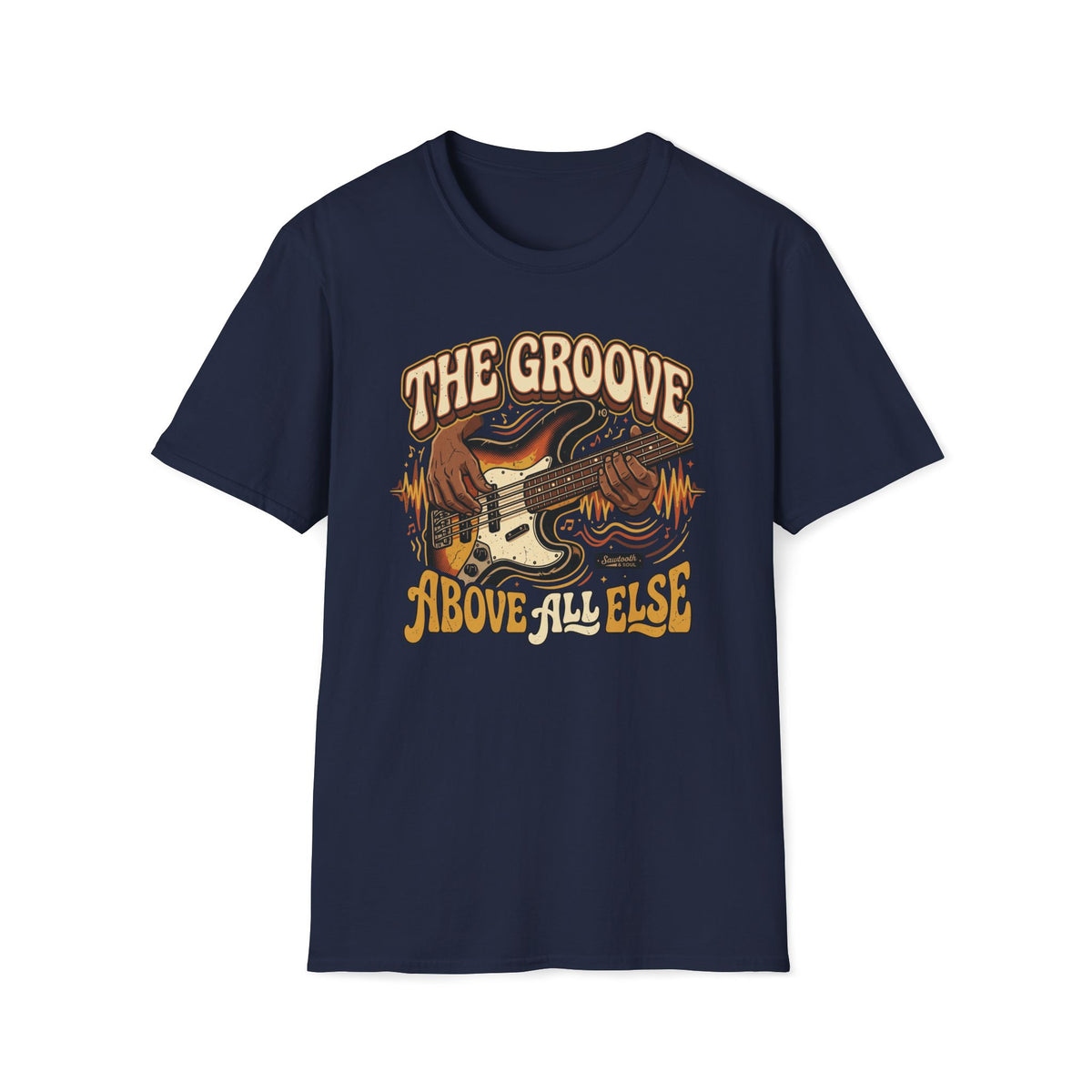 Navy The Groove Above All Else T-shirt with hands playing a sunburst bass with flowing rhythm lines.