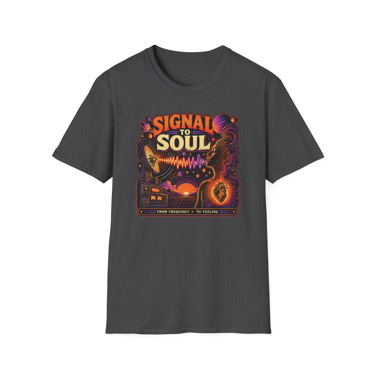 Dark heather gray Signal to Soul T-shirt with a satellite dish sending a waveform toward a portrait.