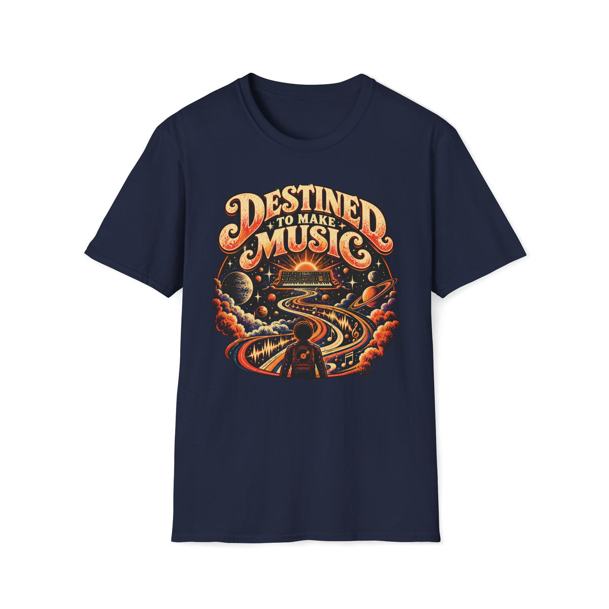 Navy Destined to Make Music T-shirt with a cosmic music scene with a synthesizer.