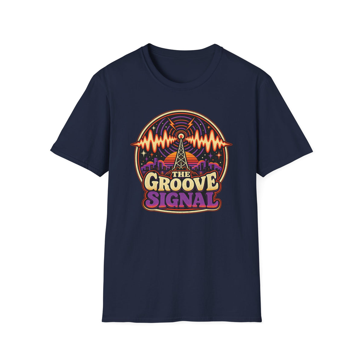 Navy The Groove Signal T-shirt with a radio tower, city skyline, and sound waves.