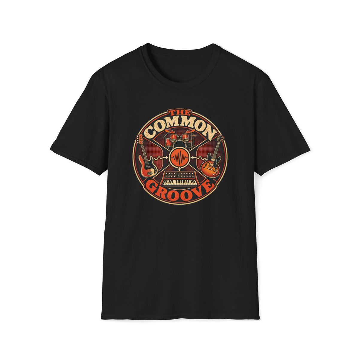 Black The Common Groove T-shirt with bass, guitar, drums, and synthesizer around a waveform.