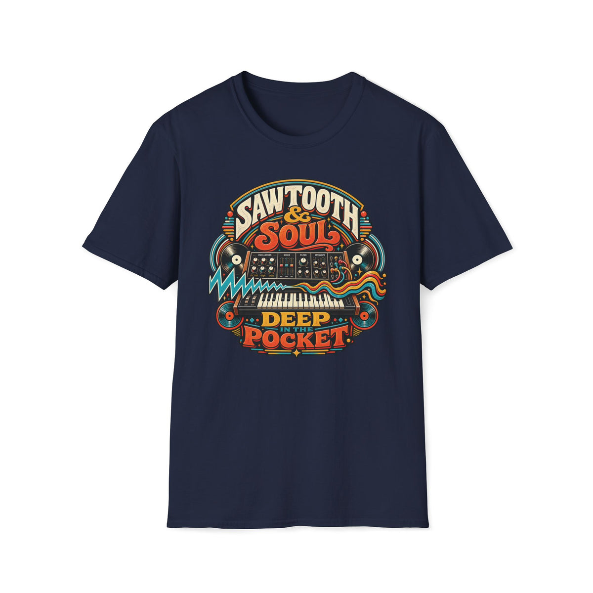 Navy Deep in the Pocket T-shirt with a synthesizer, records, and electric waveforms.