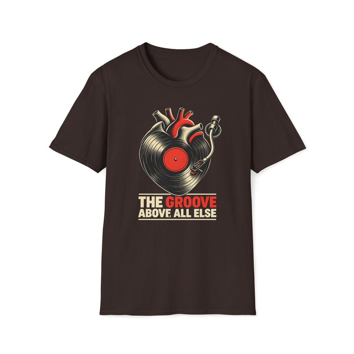 Dark brown The Groove Above All Else T-shirt with an anatomical heart merged with a vinyl record and tonearm.