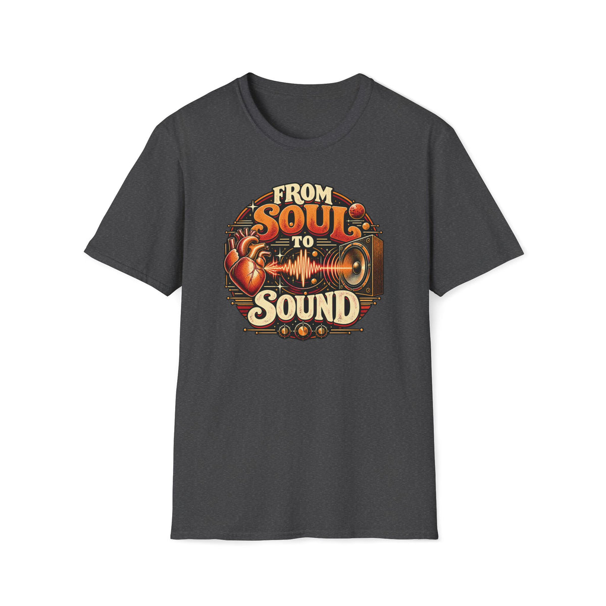 Dark heather gray From Soul to Sound T-shirt with a heart linked by a waveform to a vintage speaker.
