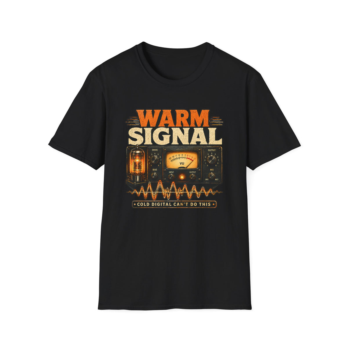 Black Warm Signal T-shirt with a glowing vacuum tube, VU meter, and waveform.