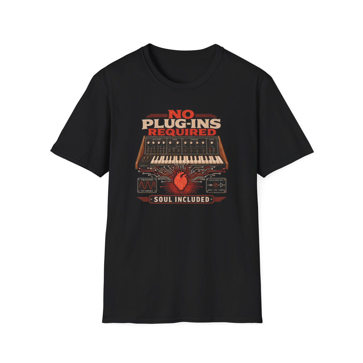 Black No Plug-Ins Required T-shirt with vintage analog synthesizer, heart circuitry, and Soul Included artwork