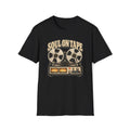 “Soul on Tape” T-shirt featuring a vintage reel-to-reel tape recorder with cream reels, twin gold VU meters, and a small red heart.