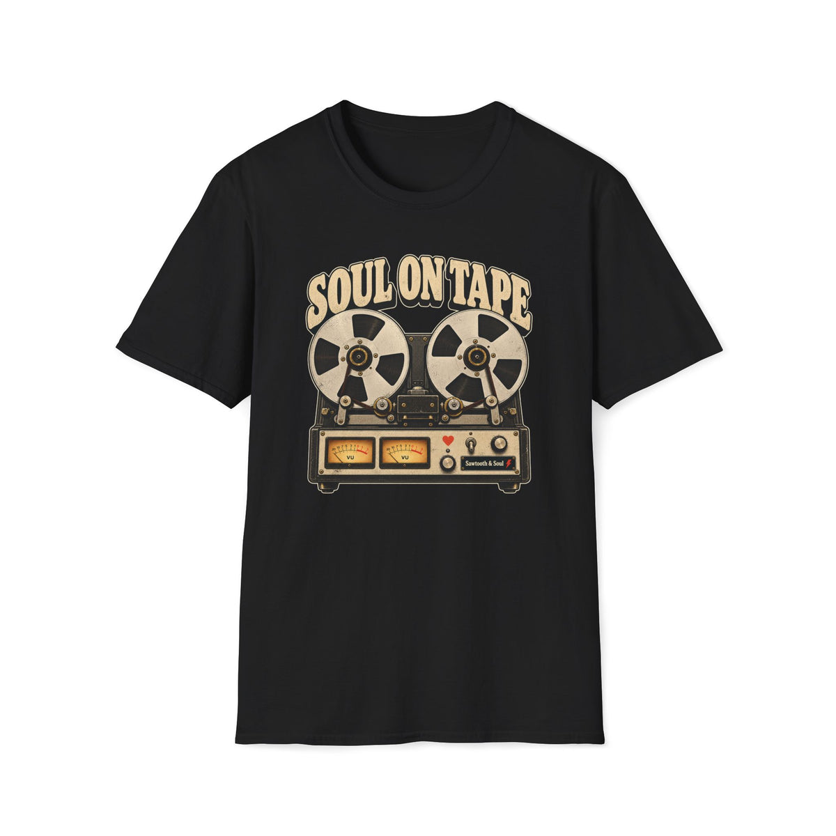 “Soul on Tape” T-shirt featuring a vintage reel-to-reel tape recorder with cream reels, twin gold VU meters, and a small red heart.