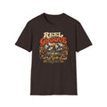Dark brown Reel to Groove T-shirt with a reel-to-reel recorder with flowing tape and waves.
