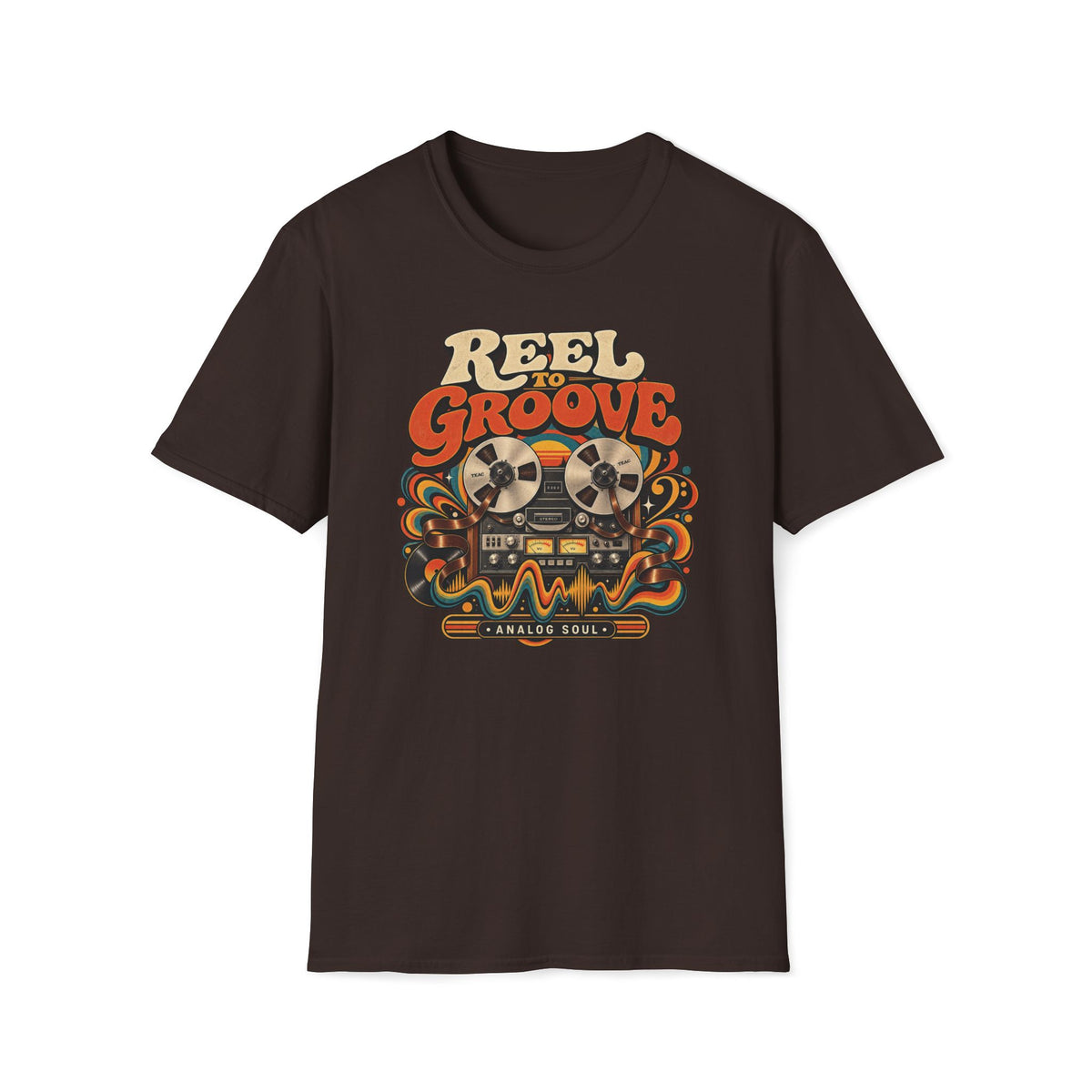 Dark brown Reel to Groove T-shirt with a reel-to-reel recorder with flowing tape and waves.