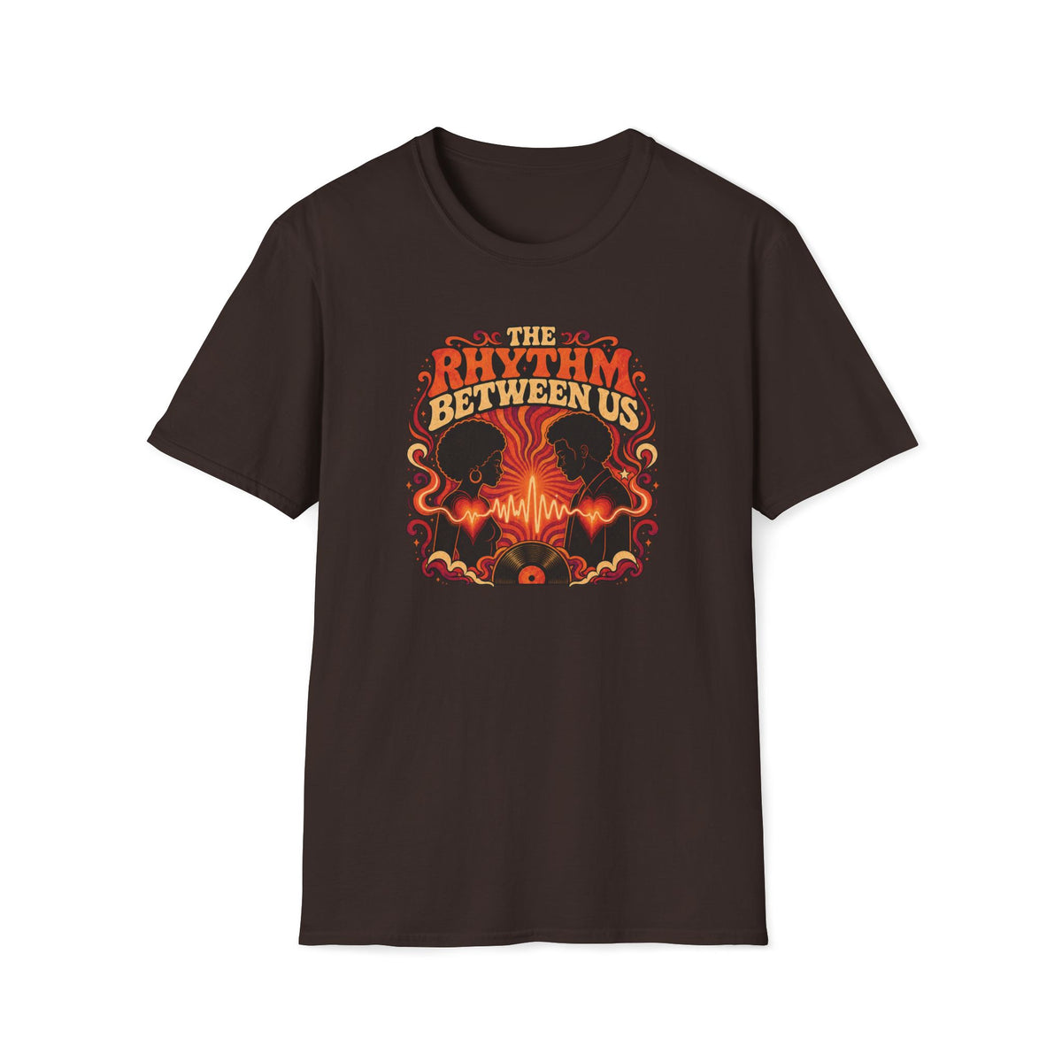 Dark brown The Rhythm Between Us T-shirt with two facing portraits, glowing hearts, and a vinyl record.
