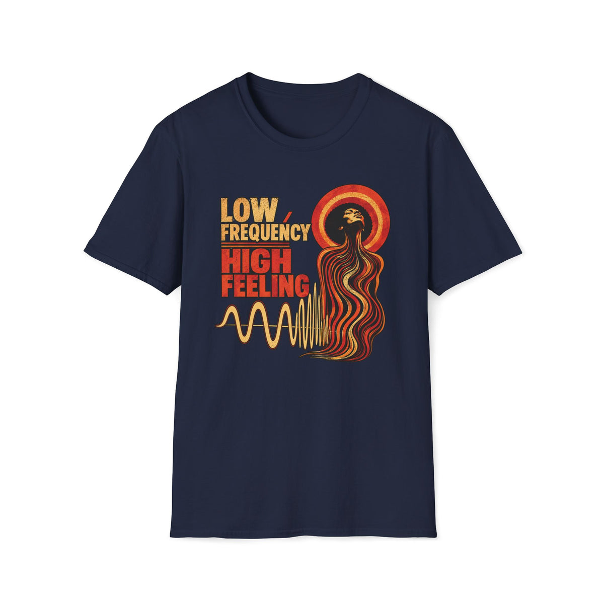 Navy Low Frequency High Feeling T-shirt with a soulful figure, halo, and gold waveform.