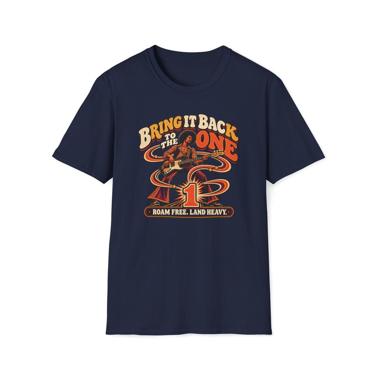 Navy Bring It Back to the One T-shirt with a bass player, flowing ribbons, and a large number one.