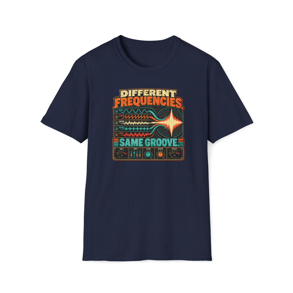 Navy Different Frequencies Same Groove T-shirt with instrument waveforms converging above mixing controls.