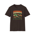 Dark brown Frequency Transmission T-shirt with a radio tower, waveforms, and vintage audio controls.