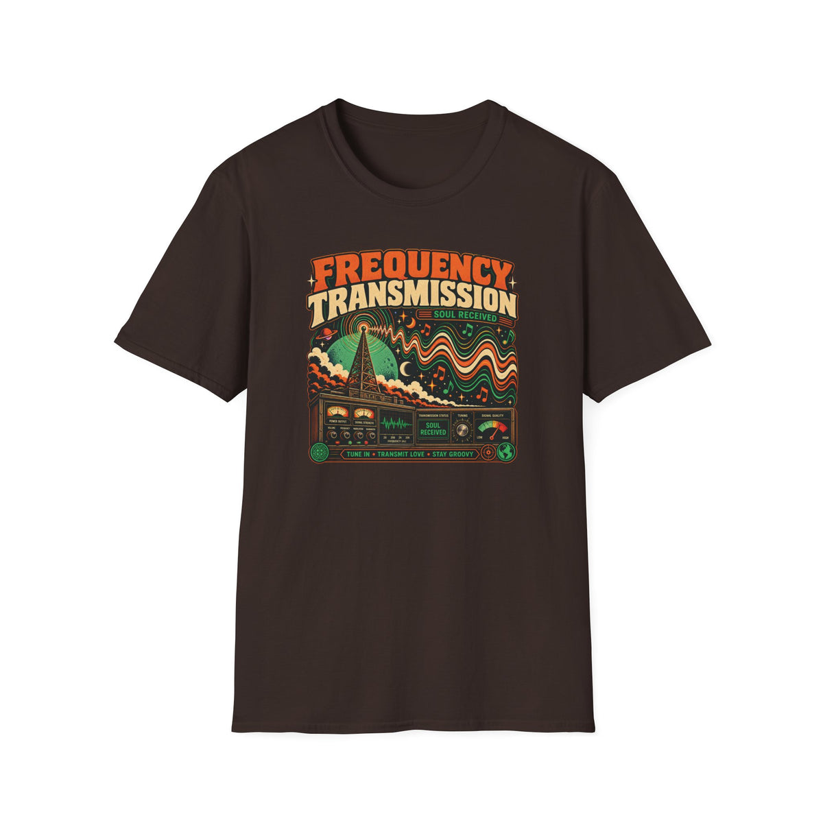 Dark brown Frequency Transmission T-shirt with a radio tower, waveforms, and vintage audio controls.