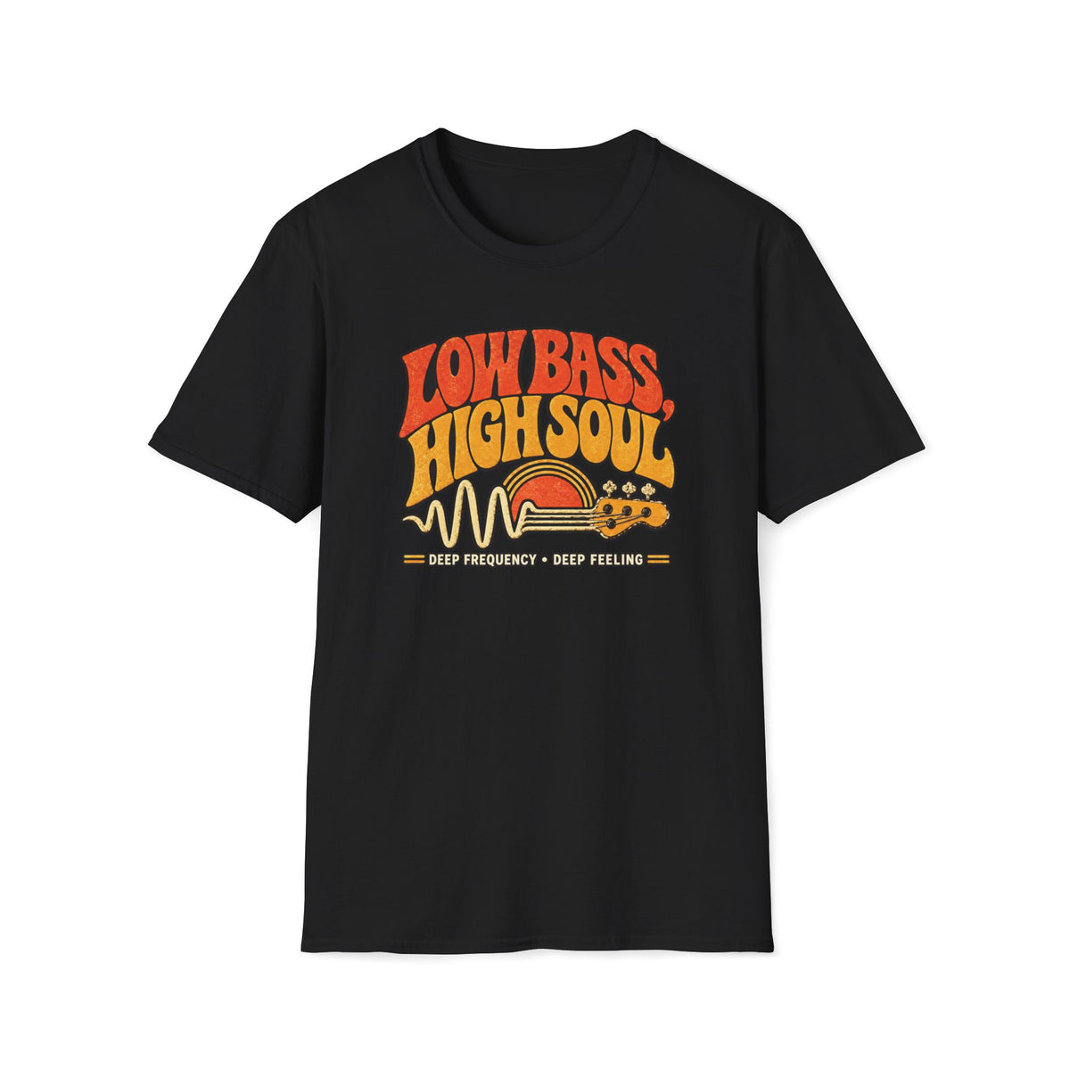 Black Low Bass High Soul T-shirt with a bass headstock, waveform, and retro sunset.