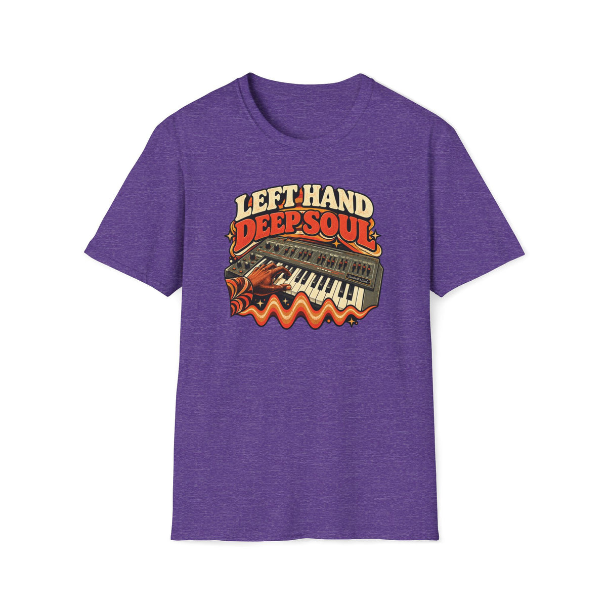 Heather purple Left Hand Deep Soul T-shirt with a hand playing synthesizer keys above a bass waveform.
