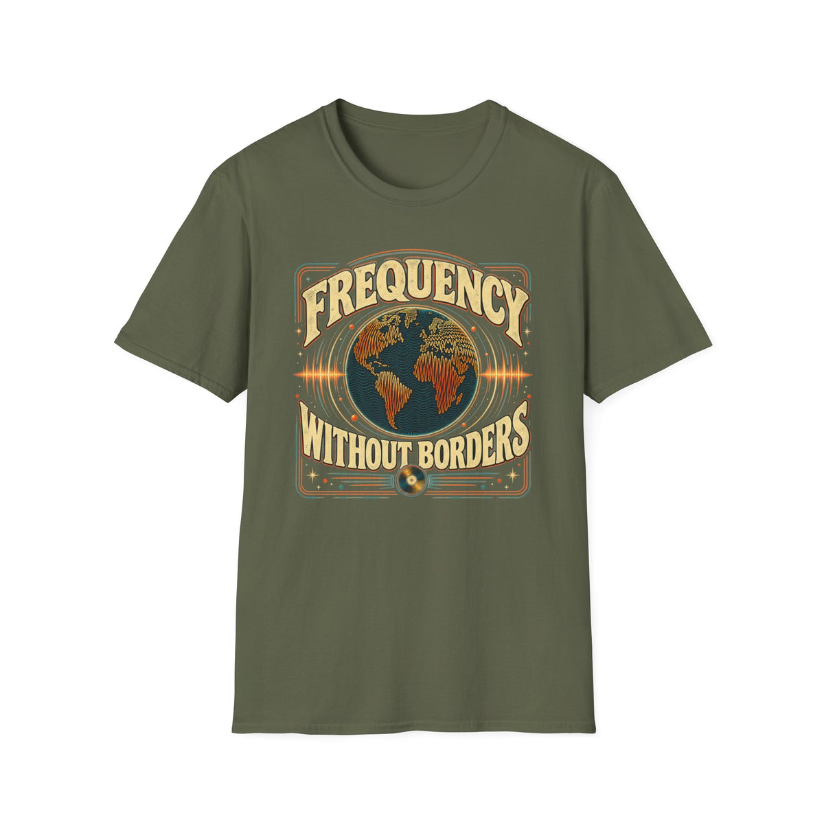 Military green Frequency Without Borders T-shirt with a world map surrounded by radiating sound waves.