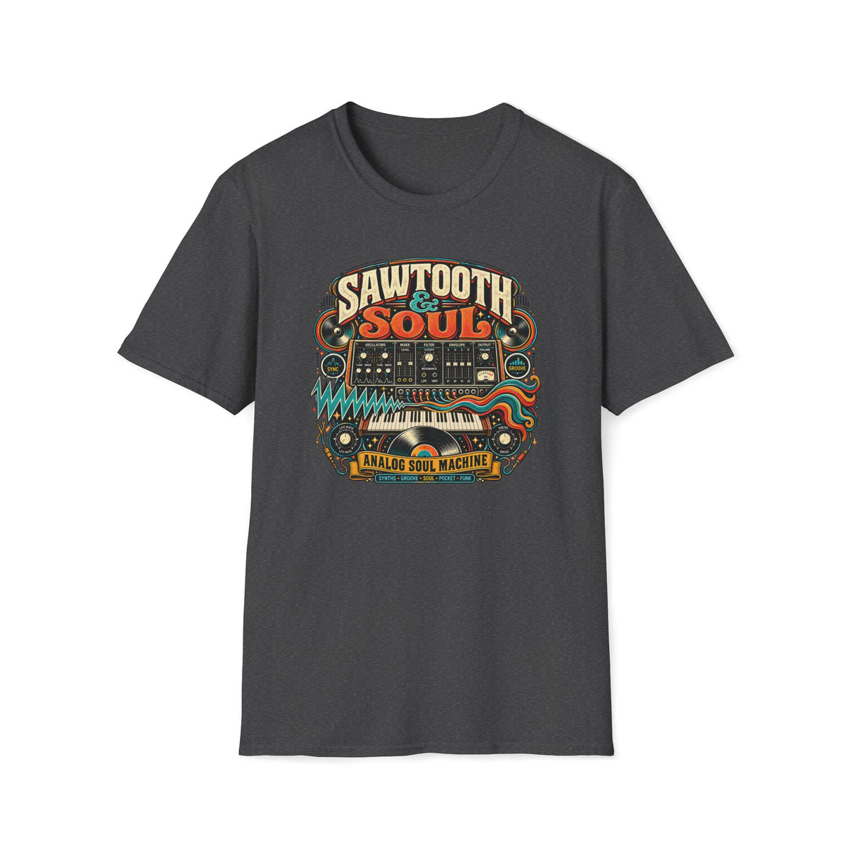 Dark Heather Sawtooth & Soul T-shirt featuring retro synthesizer controls, a keyboard, vinyl record, colorful waveforms, and “Analog Soul Machine” lettering.