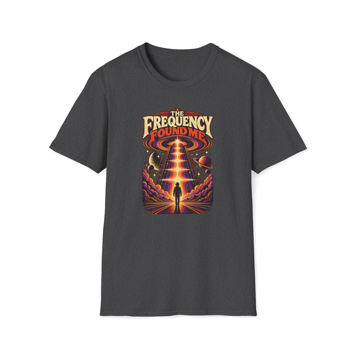 Dark heather gray The Frequency Found Me T-shirt with a figure beneath a beam of sound among planets.