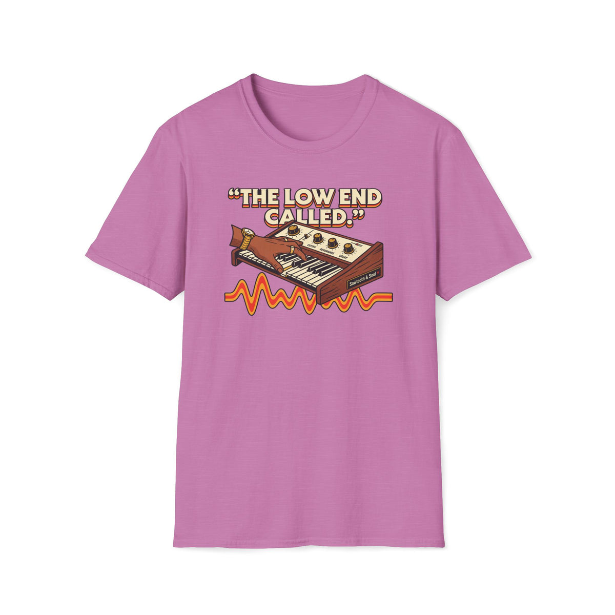 Heather Radiant Orchid “The Low End Called” T-shirt featuring a hand playing a retro synthesizer, cream lettering, and an orange-and-gold waveform.