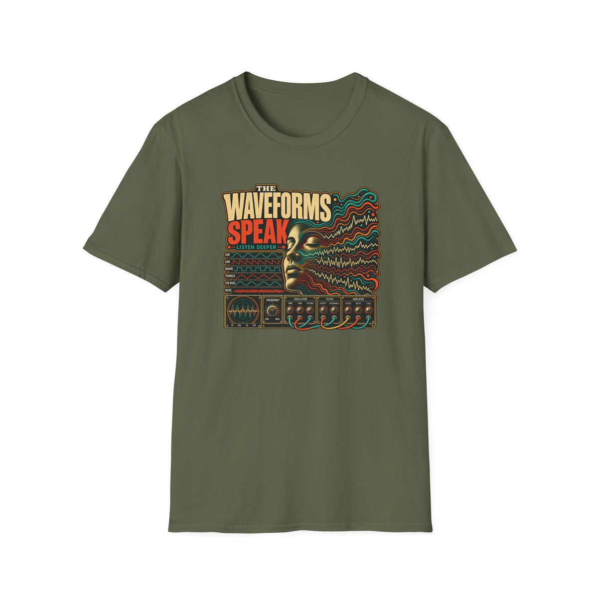 Military green The Waveforms Speak T-shirt with a portrait, sound waves, and synthesizer controls.