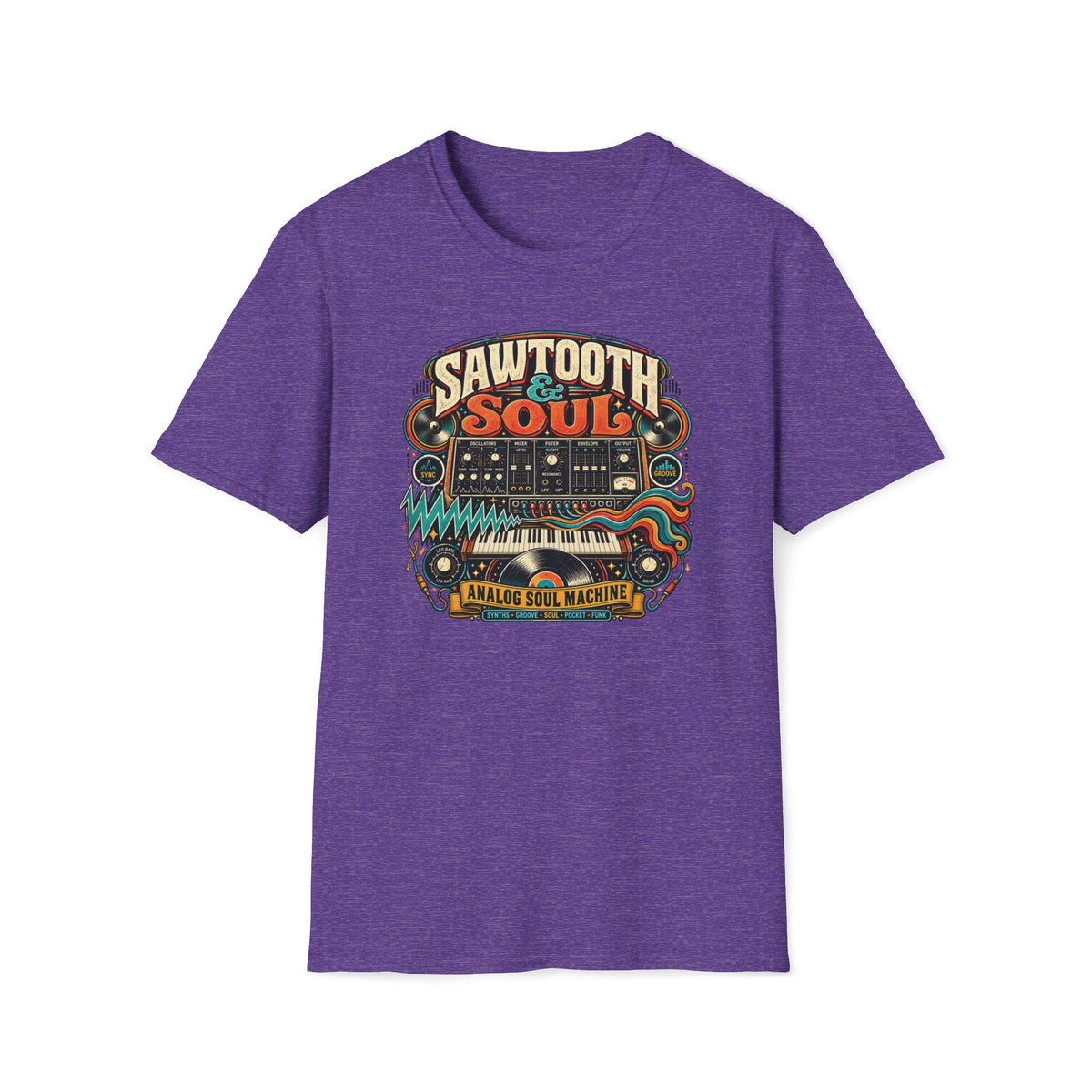 Heather Purple Sawtooth & Soul T-shirt featuring retro synthesizer controls, a keyboard, vinyl record, colorful waveforms, and “Analog Soul Machine” lettering.
