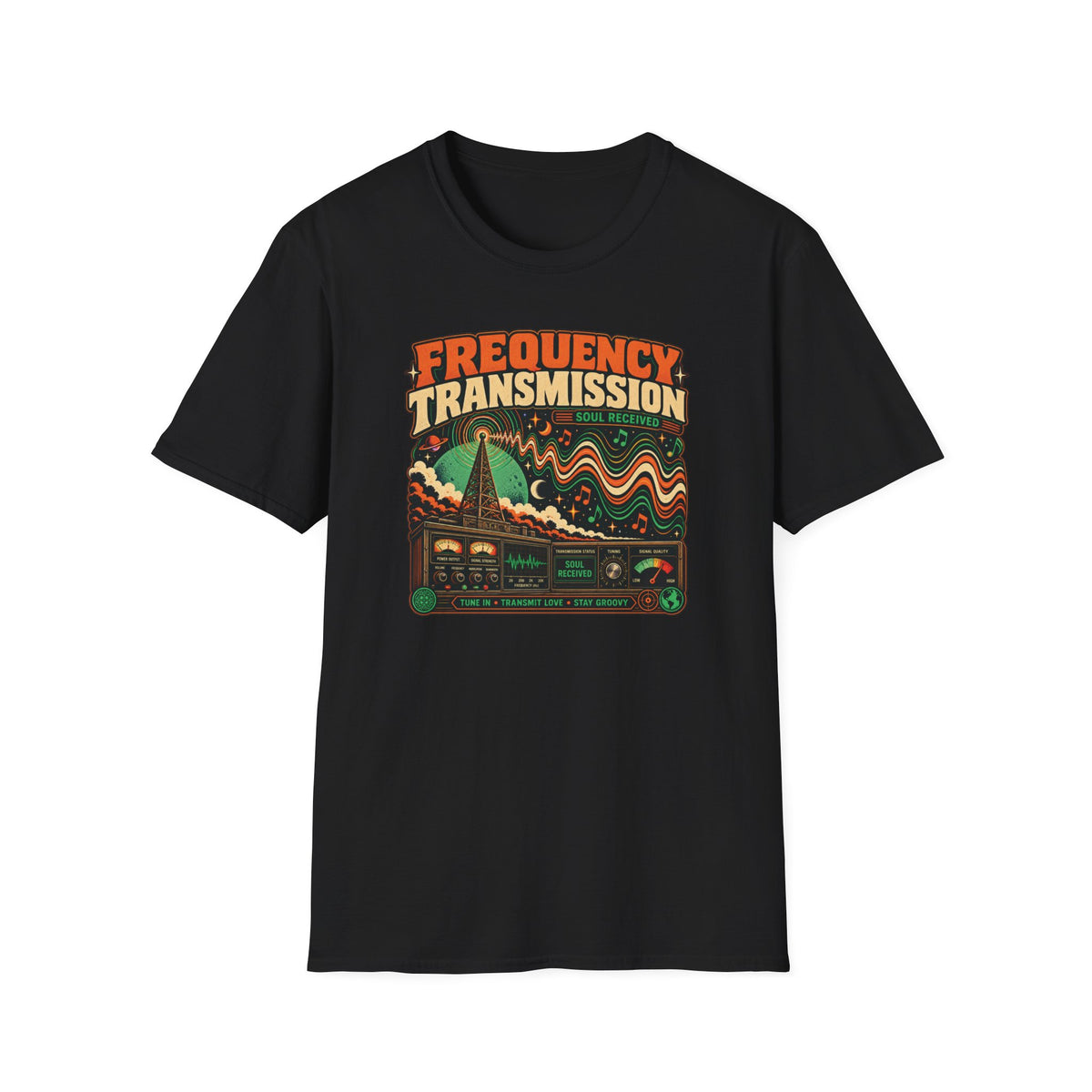 Black Frequency Transmission T-shirt with a radio tower, waveforms, and vintage audio controls.