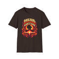 Dark brown Hear What Words Can’t Say T-shirt with an Afro profile, glowing heart, and flowing ribbons.