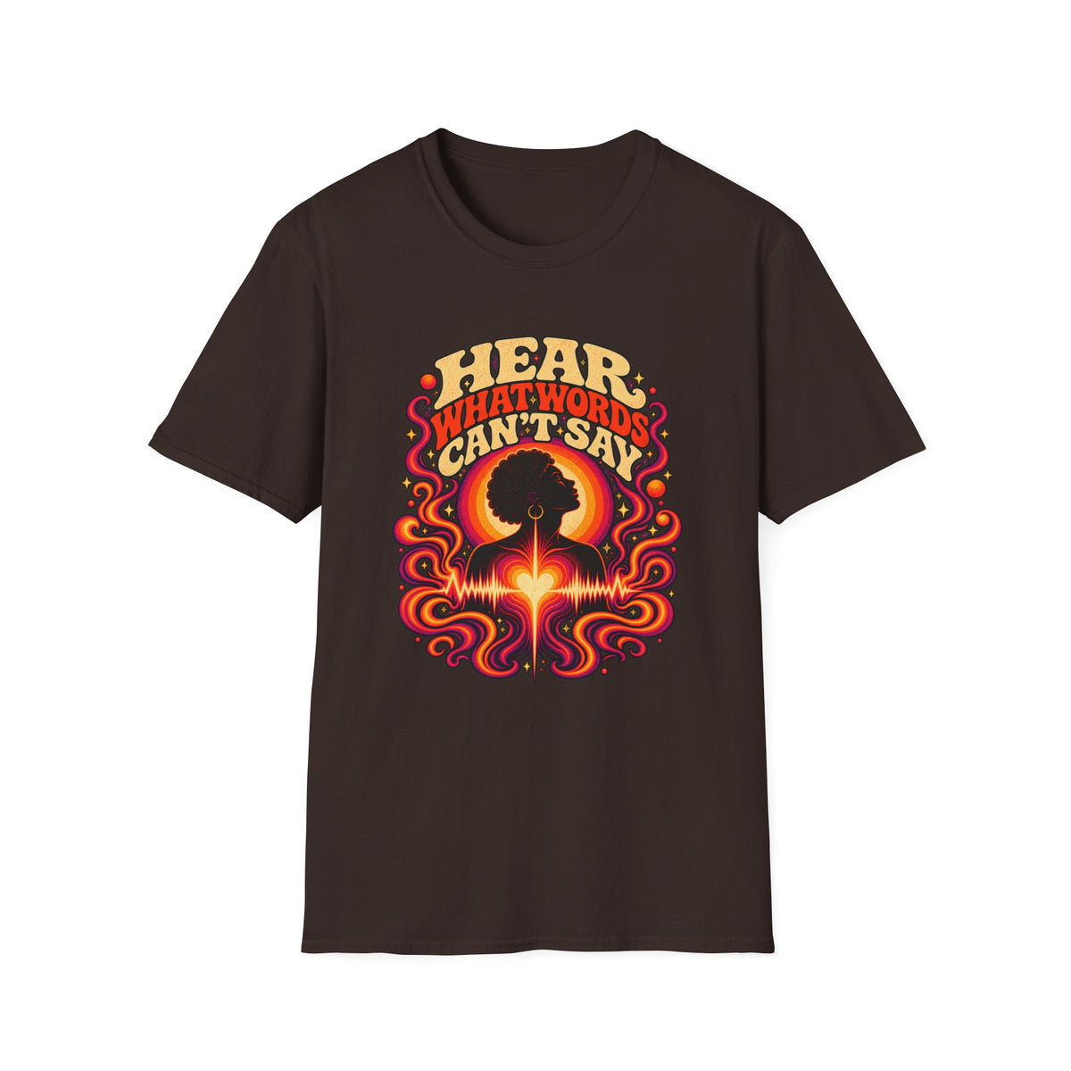 Dark brown Hear What Words Can’t Say T-shirt with an Afro profile, glowing heart, and flowing ribbons.