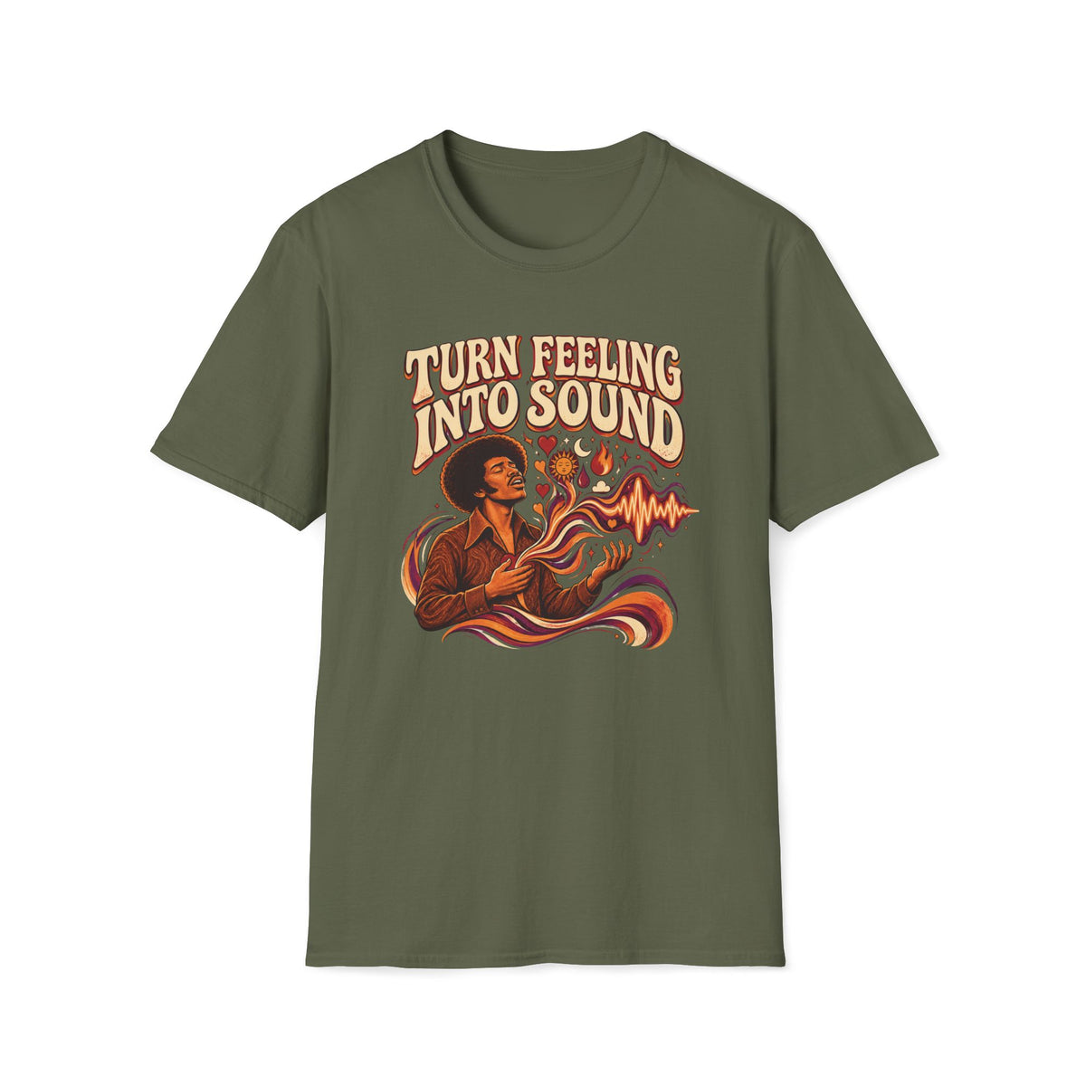 Military green Turn Feeling Into Sound T-shirt with a soulful figure surrounded by colorful sound waves.