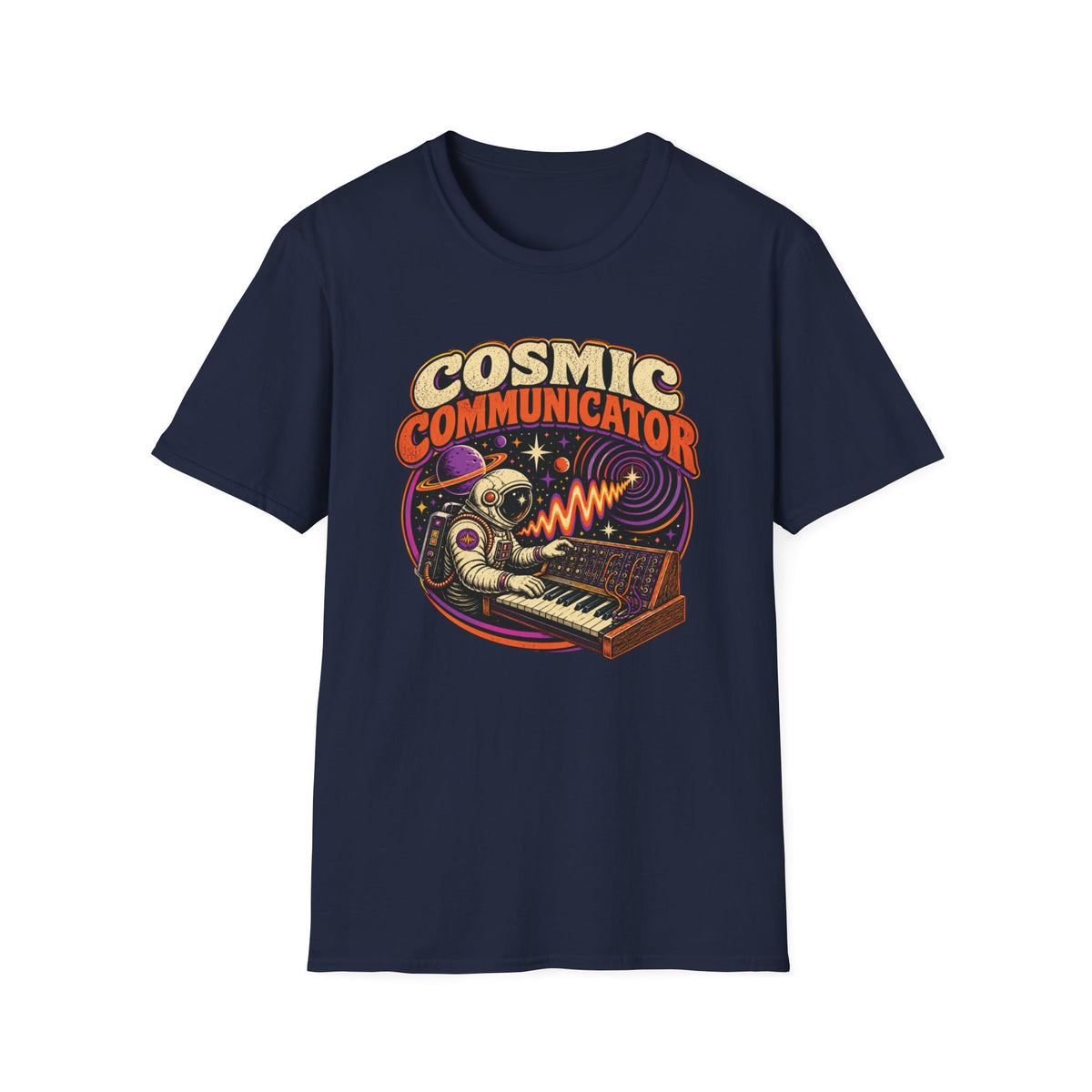 Navy Cosmic Communicator T-shirt with an astronaut playing a synthesizer among planets.