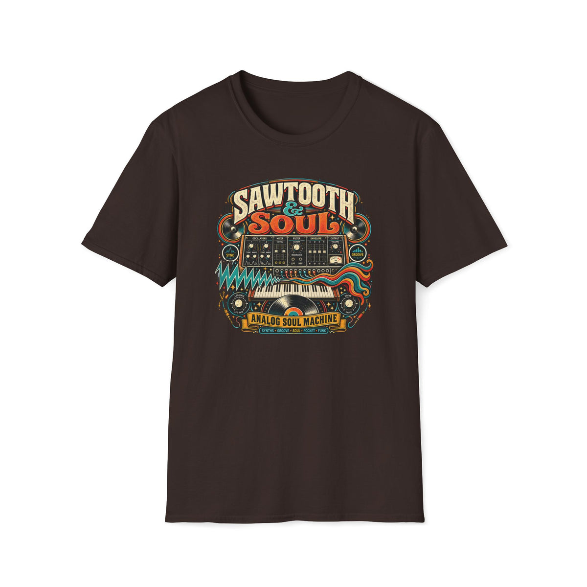 Dark Chocolate Sawtooth & Soul T-shirt featuring retro synthesizer controls, a keyboard, vinyl record, colorful waveforms, and “Analog Soul Machine” lettering.